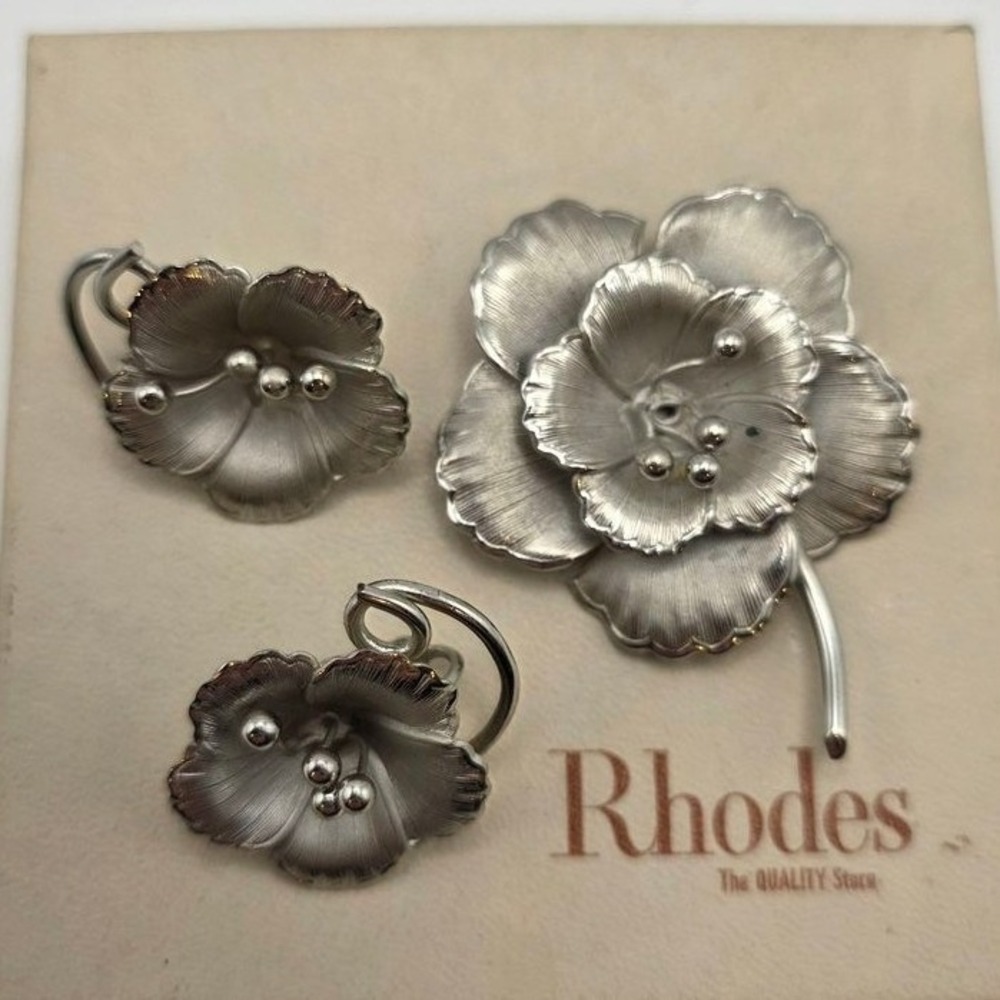 Vintage Rhodes Silver-Tone Floral Brooch and Earring Set